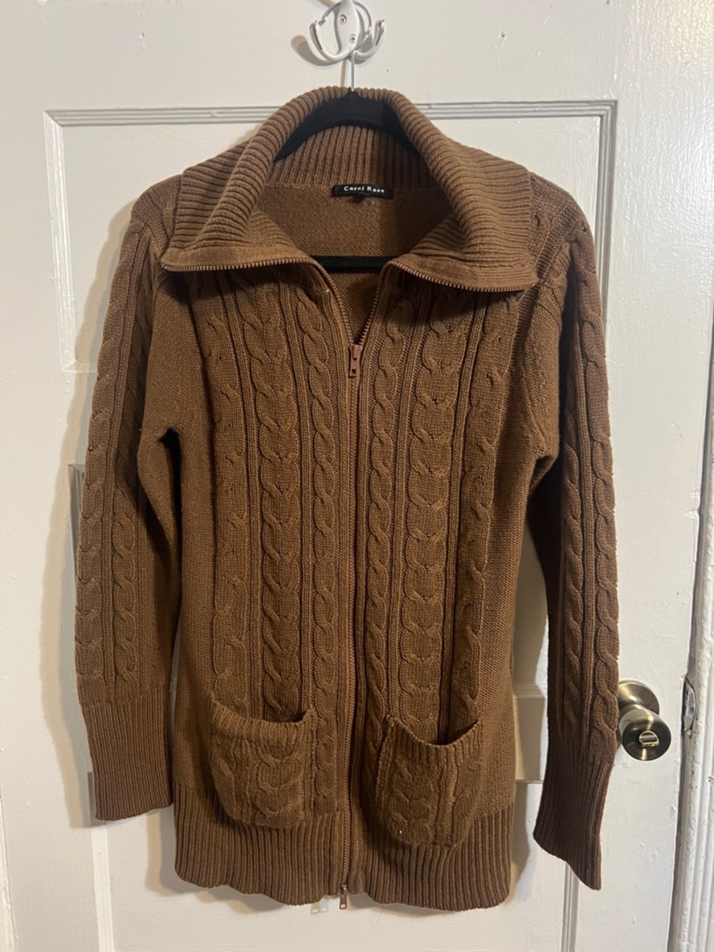 Carole Little Brown Cable-Knit Zip Cardigan Sweater